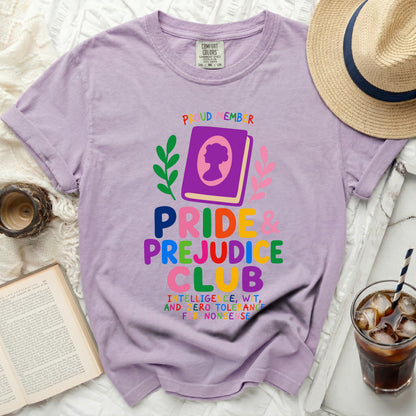 Lavender t-shirt with Pride & Prejudice Club graphic and book graphics.