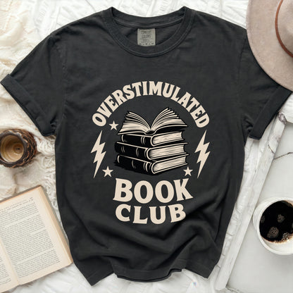 Overstimulated Book Club text with stacked books and lightning bolts.