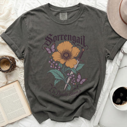 Charcoal t-shirt with "Sorrengail In Deadly Bloom" text and floral design.