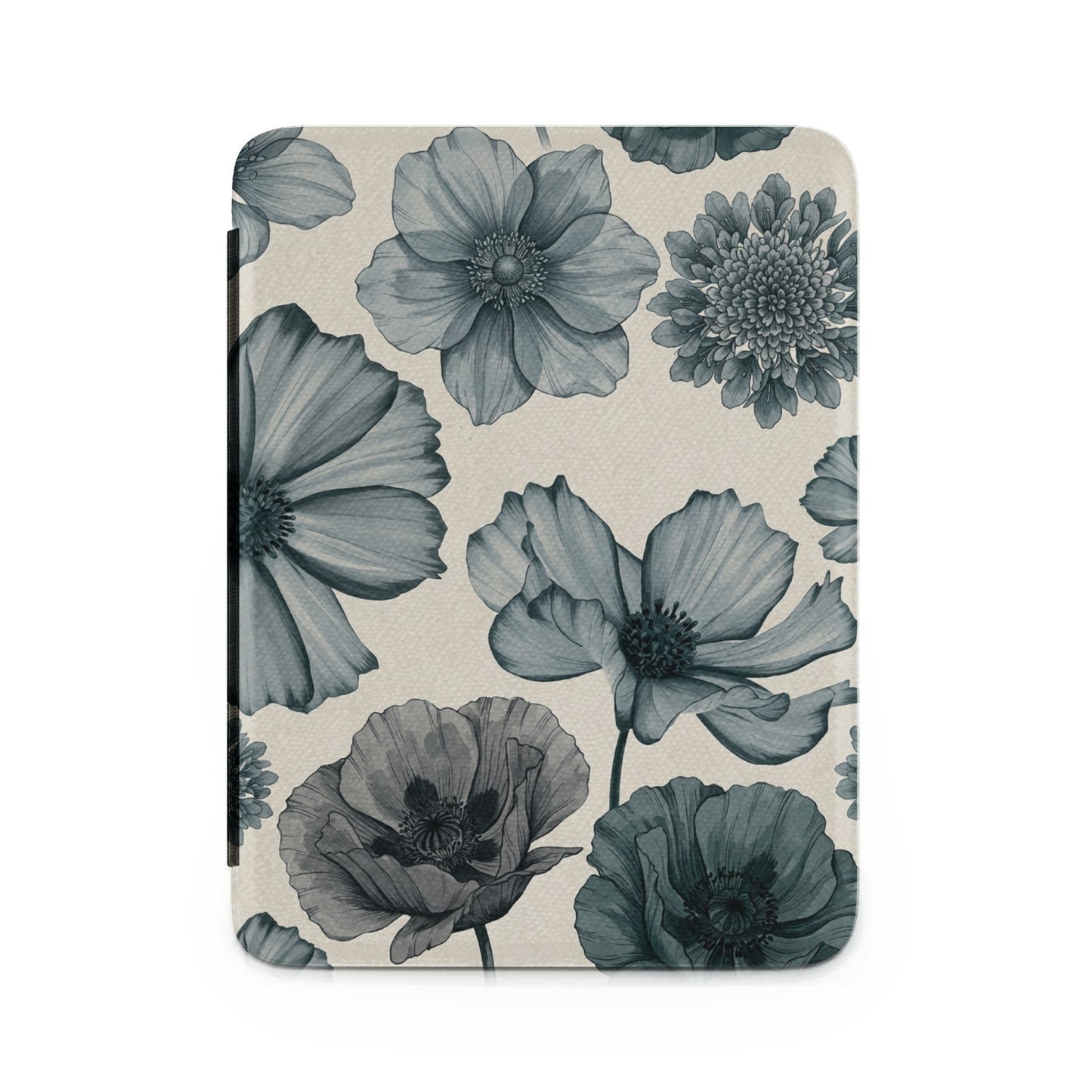 A device with a botanical print of blue flowers on a textured cream background.