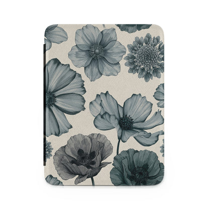 A device with a botanical print of blue flowers on a textured cream background.