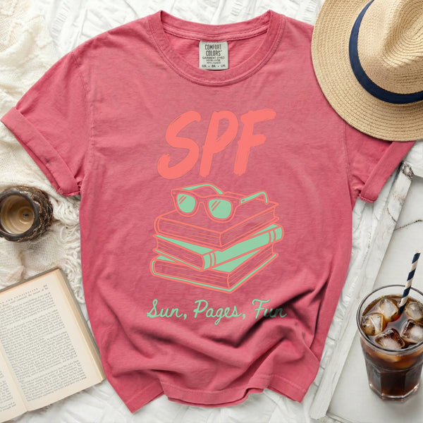Sun, Pages, Fun Tee in Crunchberry