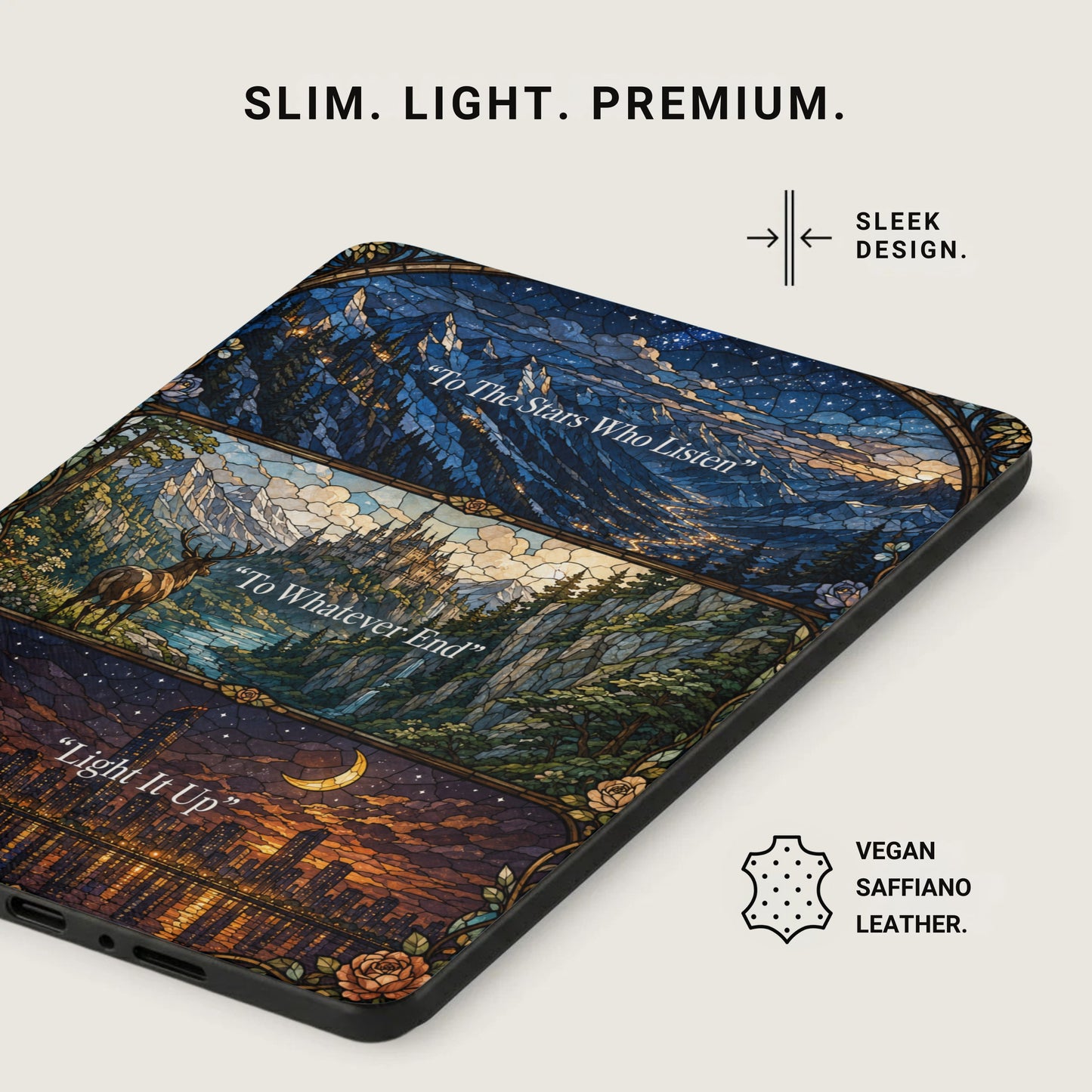 Case with stained glass art of mountains, deer, and city skyline.
