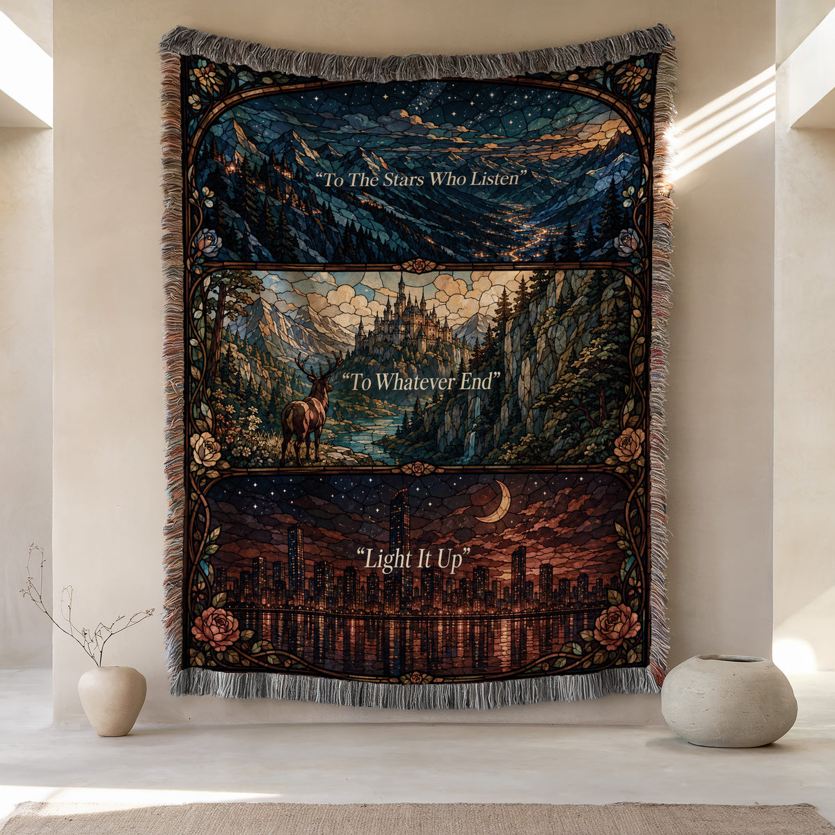 Stained glass woven throw blanket hung in a room