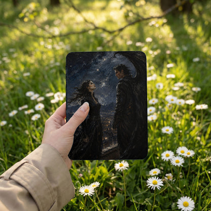 E-reader screen showing fantasy art of a winged man and a woman overlooking a city.