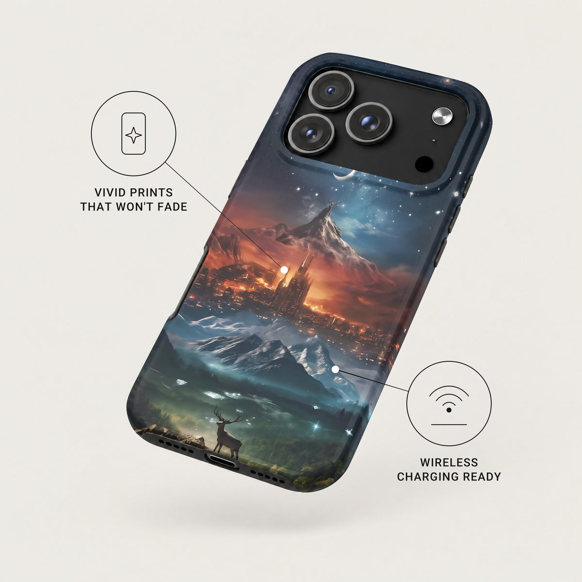 A dark phone case featuring a fantasy landscape with mountains, a city, and a deer, with callout icons for vivid prints and wireless charging.