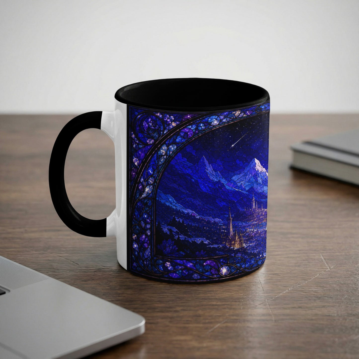 White mug with black handle features a stained glass design of a castle at night.