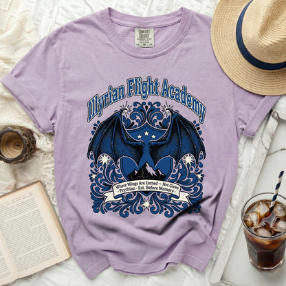 Purple t-shirt with "Myrian Flight Academy" and winged crest design.