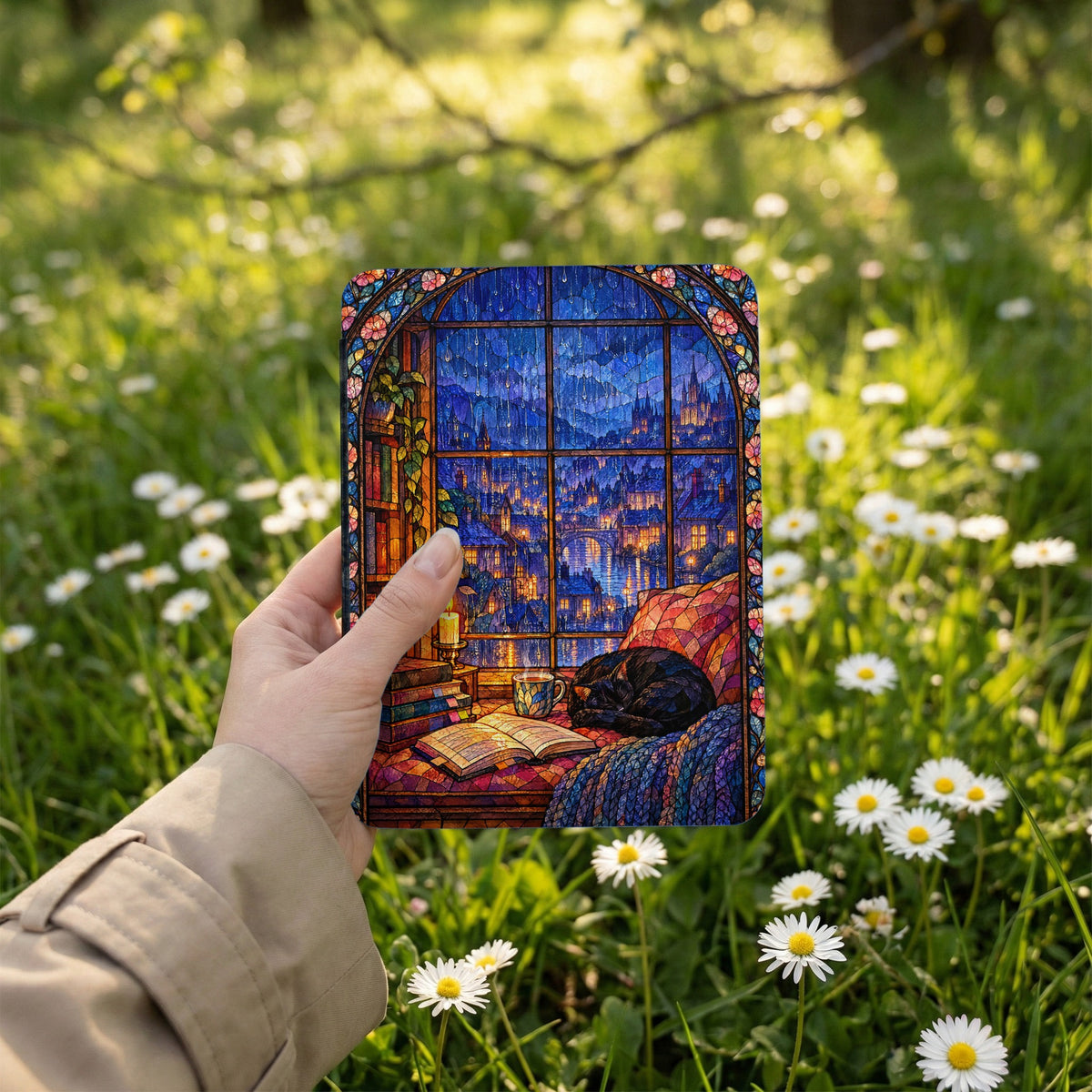 A hand holds an e-reader featuring a stained glass window design depicting a cozy rainy city scene.