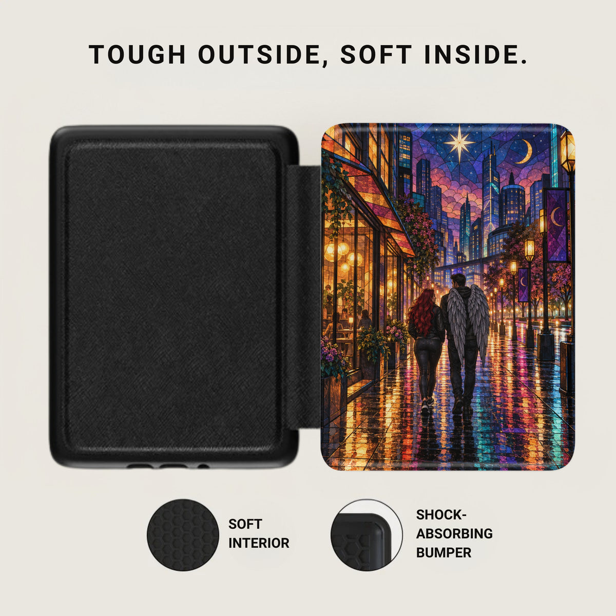 Black case with stained glass city art, featuring an angel couple walking.
