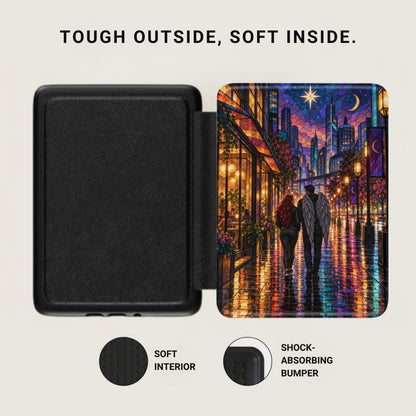 Black case with stained glass city art, featuring an angel couple walking.