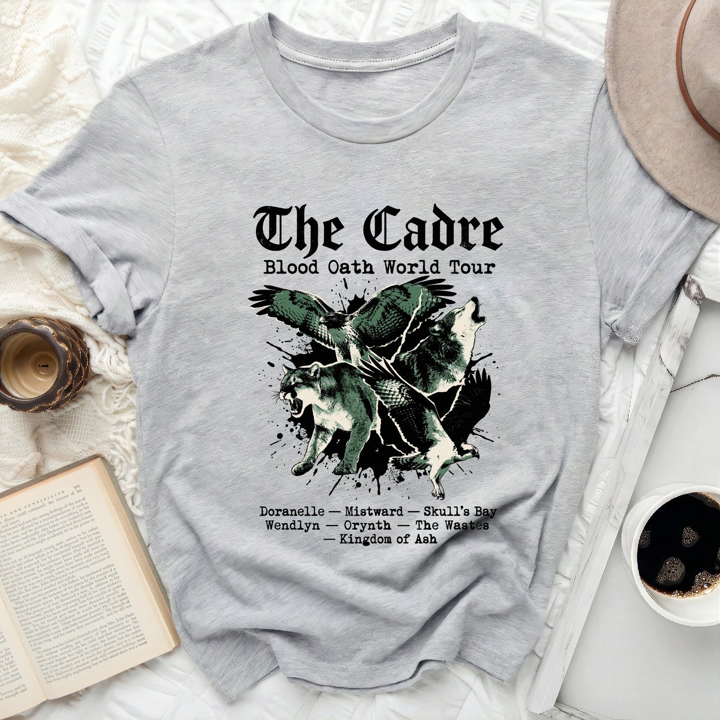 Grey t-shirt with "The Cadre Blood Oath World Tour" and locations listed.