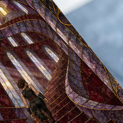 Woman ascending a grand, ornate stained-glass staircase with sunlit windows.