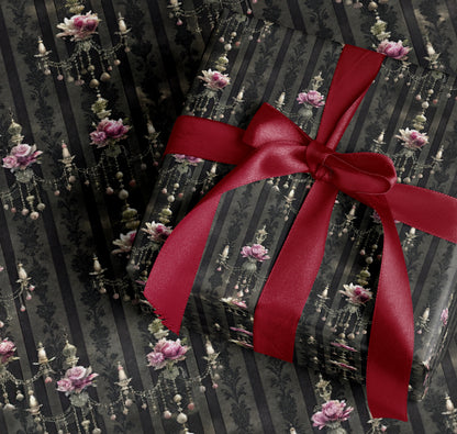 Elegant Floral Chandelier Gift Wrap With Red Ribbon