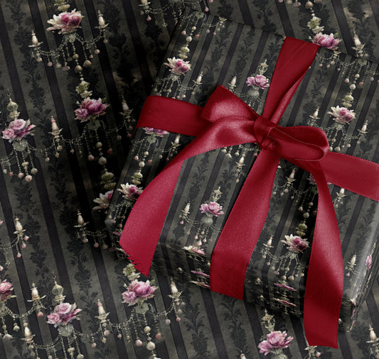 Elegant Floral Chandelier Gift Wrap With Red Ribbon