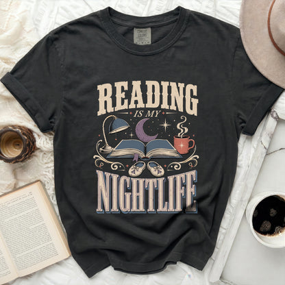 Black t-shirt with "Reading Is My Nightlife" graphic and book theme.
