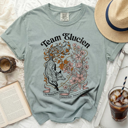 Team Elucien with fox, flowers, and text: "The Mating Bond Waits," "Lucien & Elain, Patience is a Virtue."
