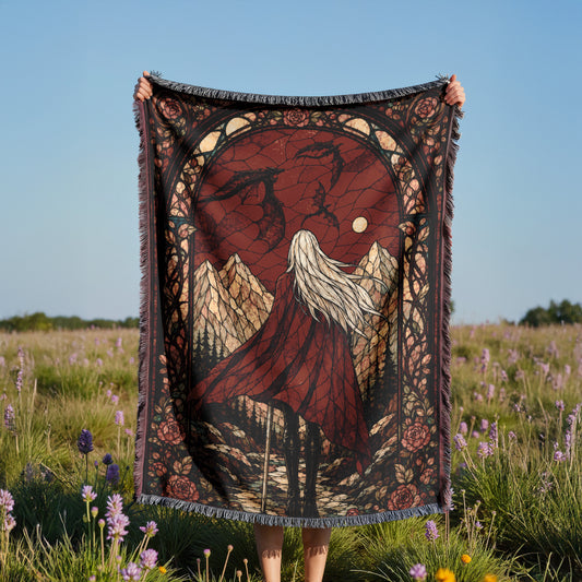 A person is holding up a large, ornate blanket with a detailed design of a woman with long hair and a flowing red dress, set against a backdrop of mountains and a clear sky.