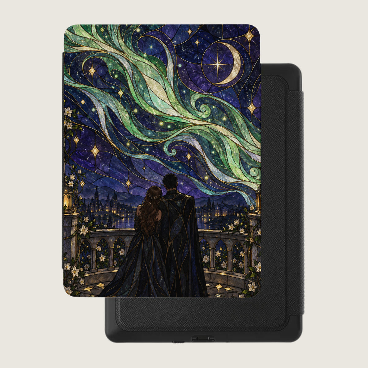 Couple looking at aurora borealis and city from balcony, stained glass style.