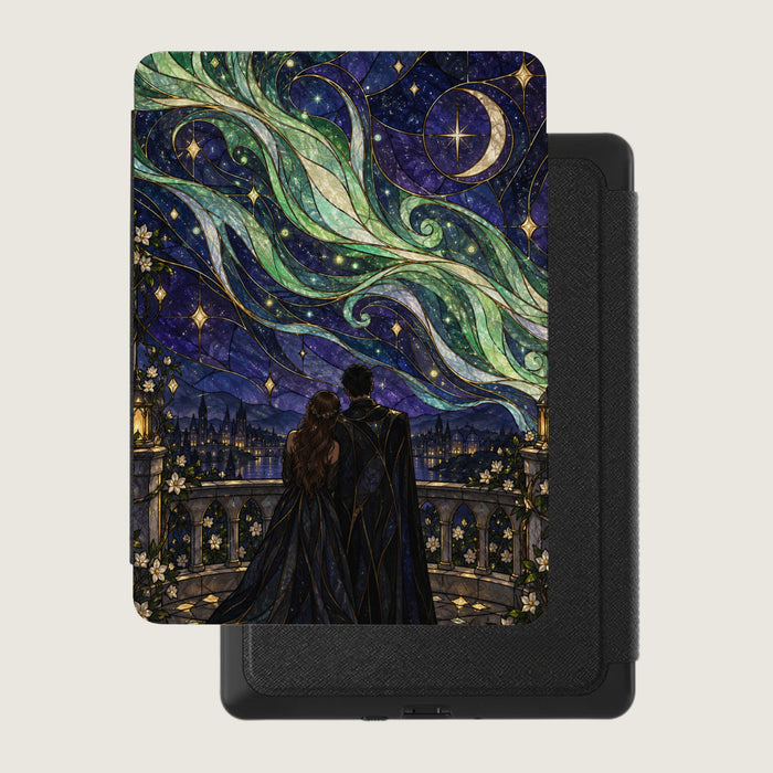 Couple looking at aurora borealis and city from balcony, stained glass style.