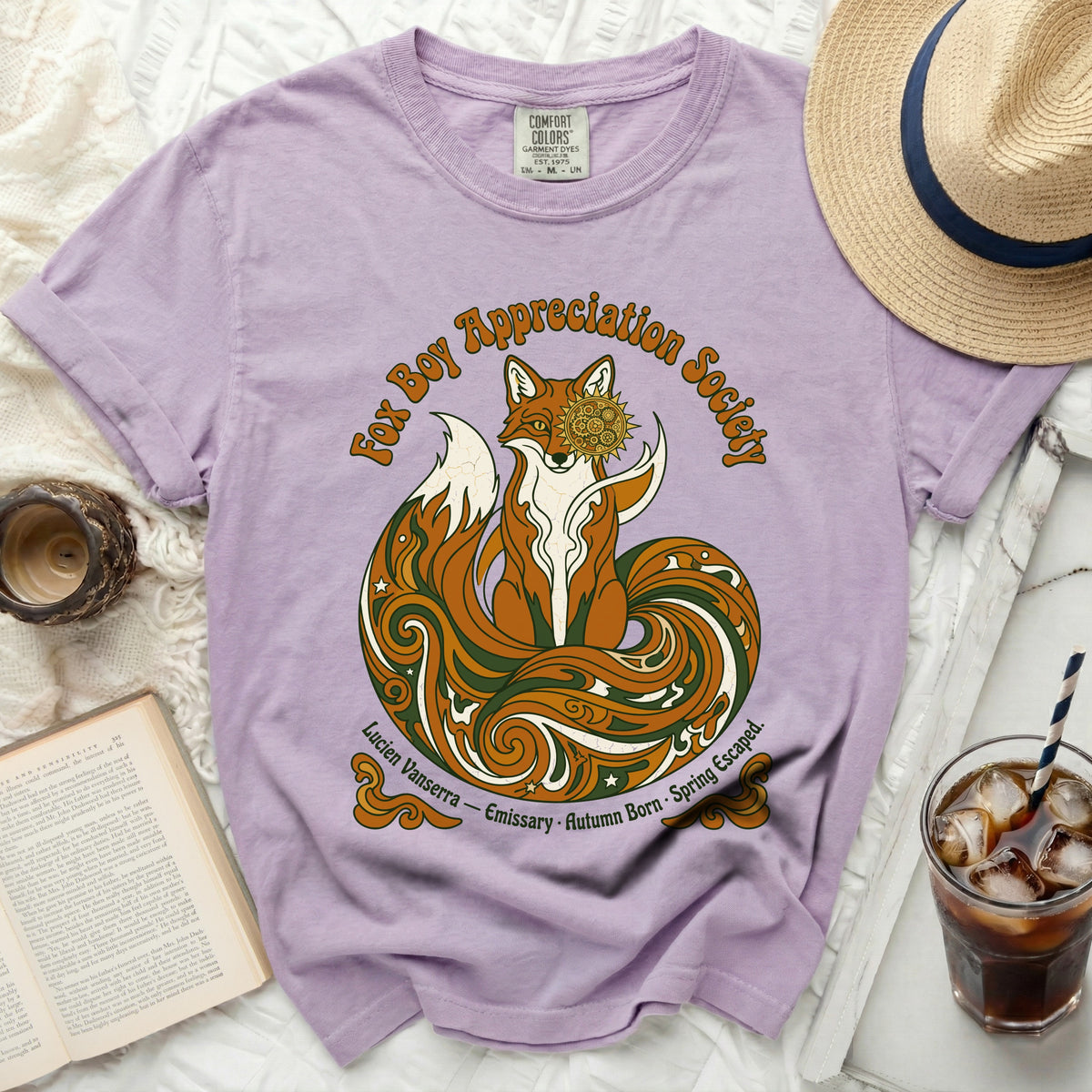 Lavender t-shirt with a retro fox design and "Fox Boy Appreciation Society" text.