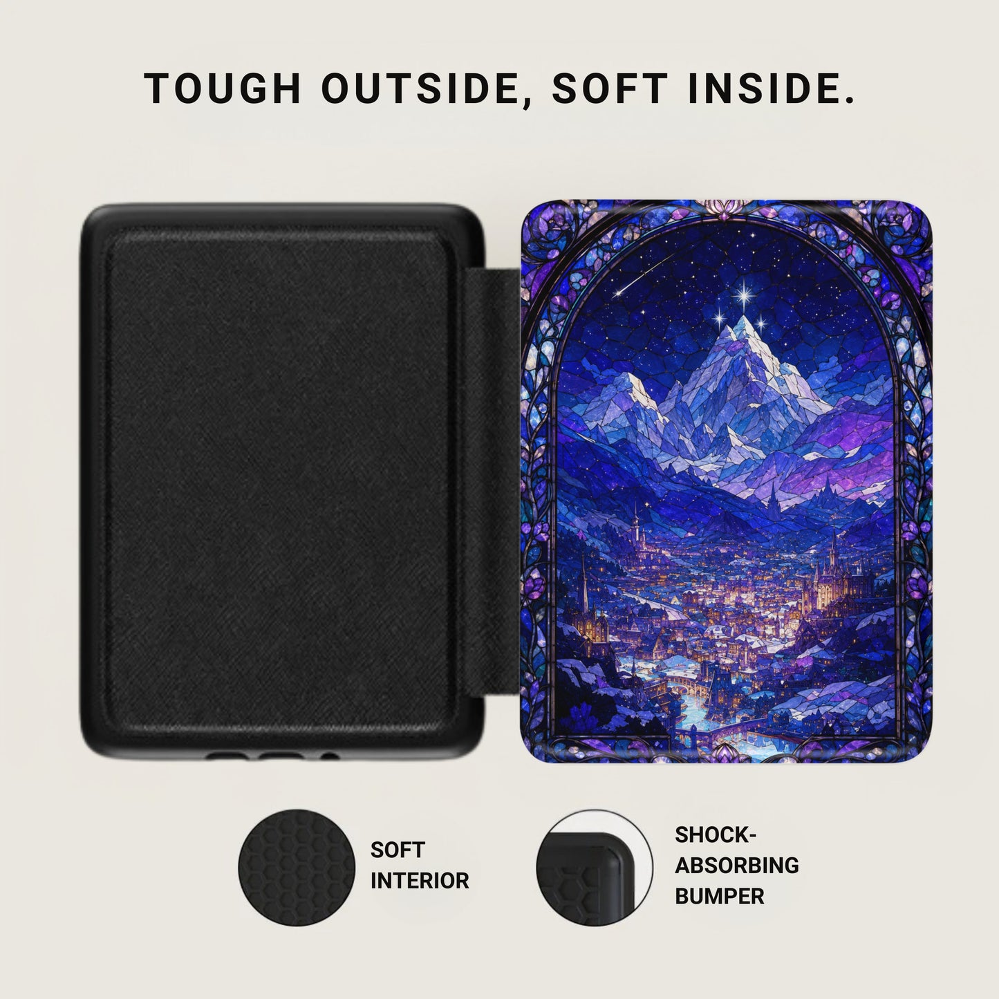 Black case with stained glass mountain city art, text says "Tough Outside, Soft Inside".