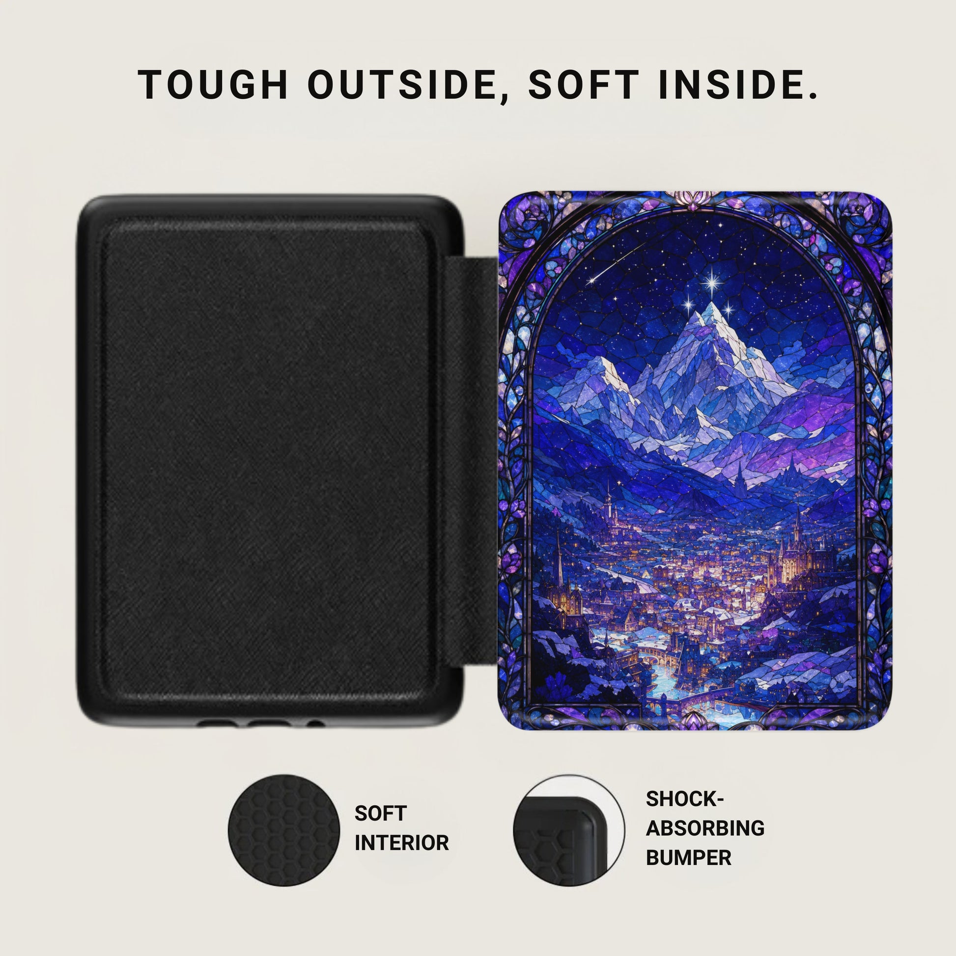 Black case with stained glass mountain city art, text says "Tough Outside, Soft Inside".