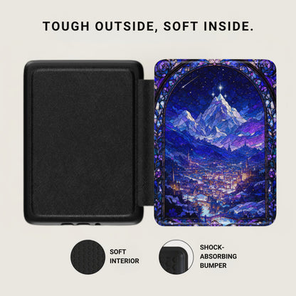 Black case with stained glass mountain city art, text says "Tough Outside, Soft Inside".