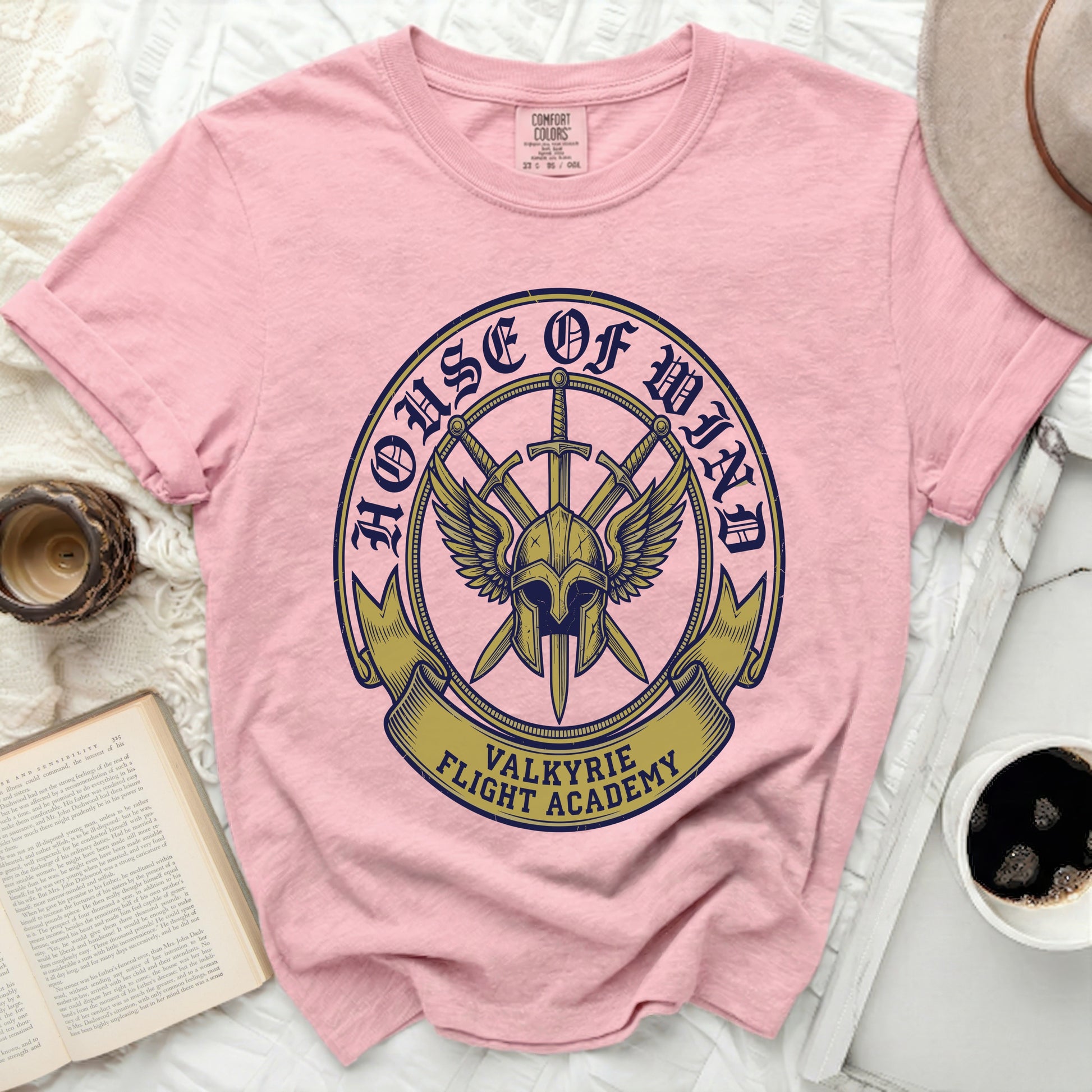 Pink t-shirt with "House of Wind Valkyrie Flight Academy" graphic.