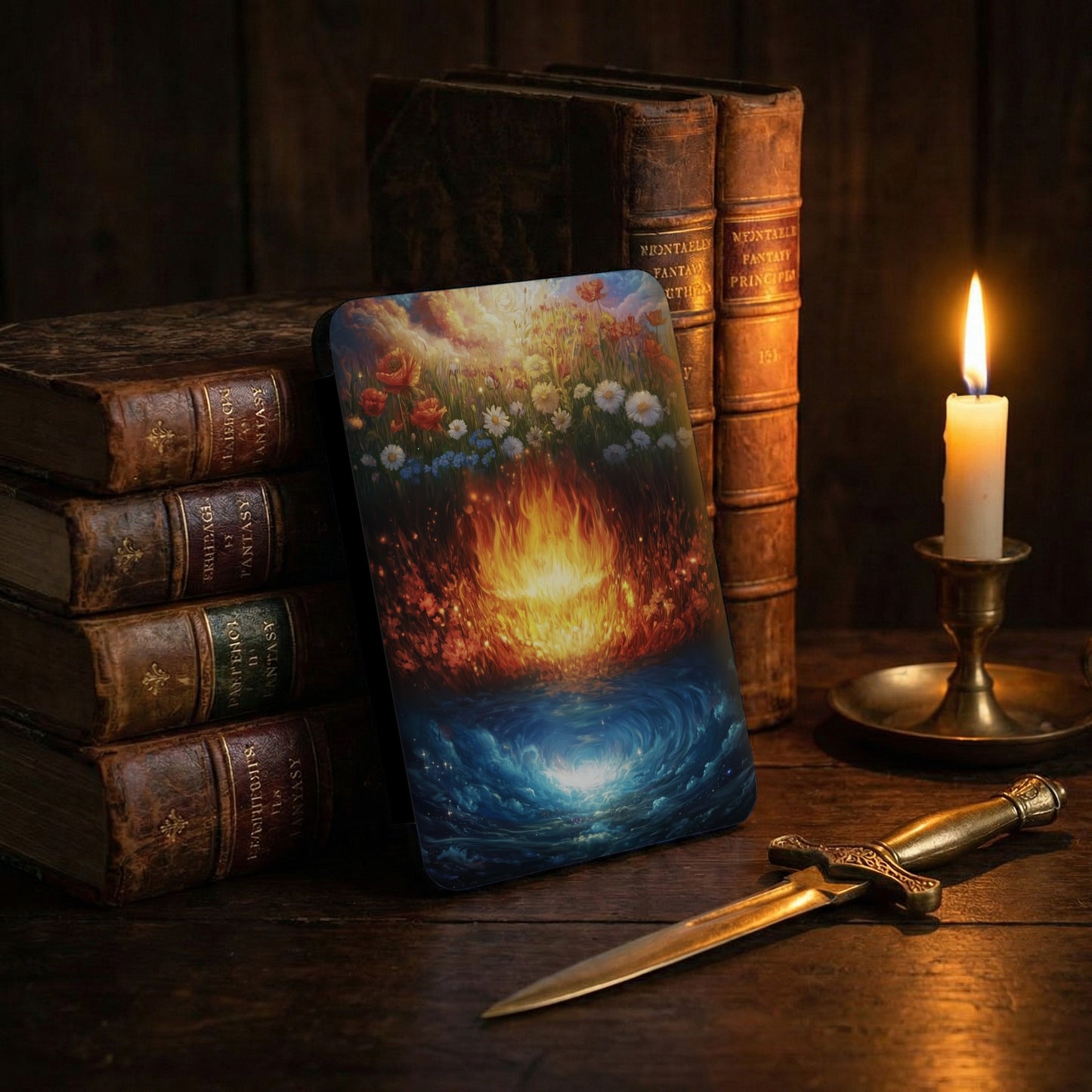 Vivid floral fire vortex mystical fantasy scene product type