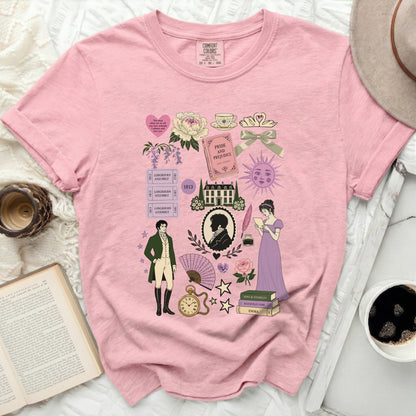 Pink t-shirt with Jane Austen literary collage: Pride and Prejudice, Sense & Sensibility, Emma.