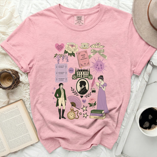 Pink t-shirt with Jane Austen literary collage: Pride and Prejudice, Sense & Sensibility, Emma.