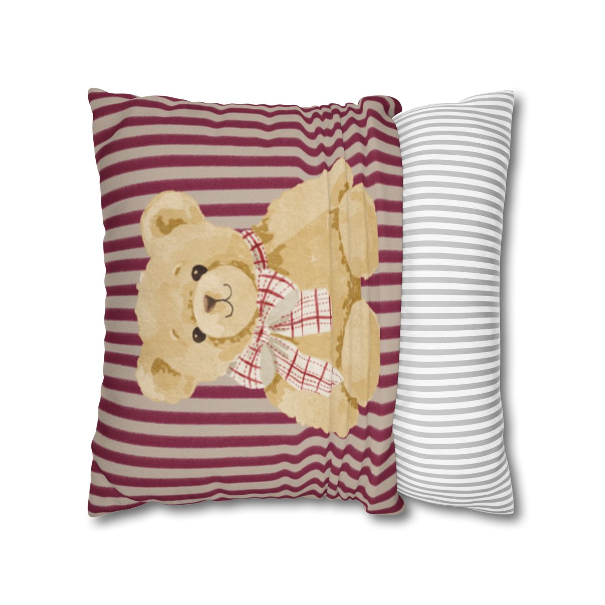 Striped Decorative Pillow with Teddy Bear Print Design