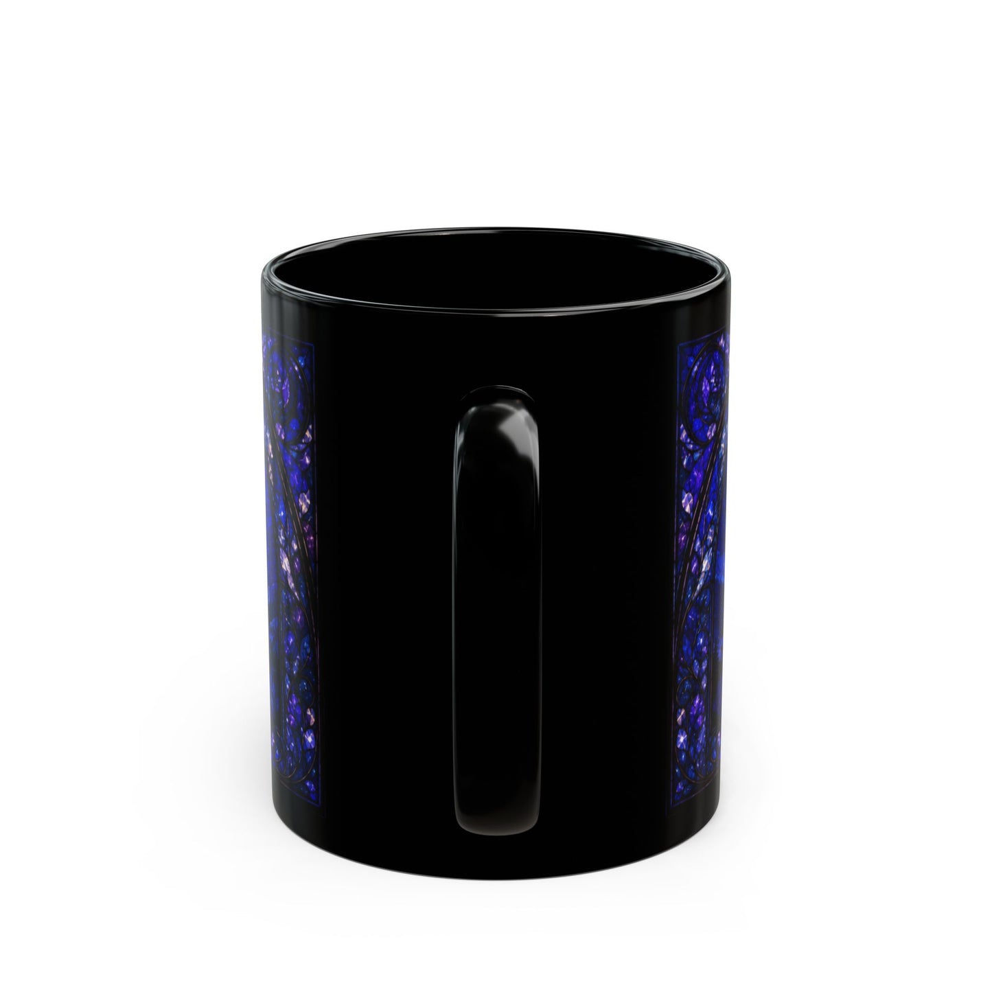 Black mug with decorative blue stained glass pattern on sides.