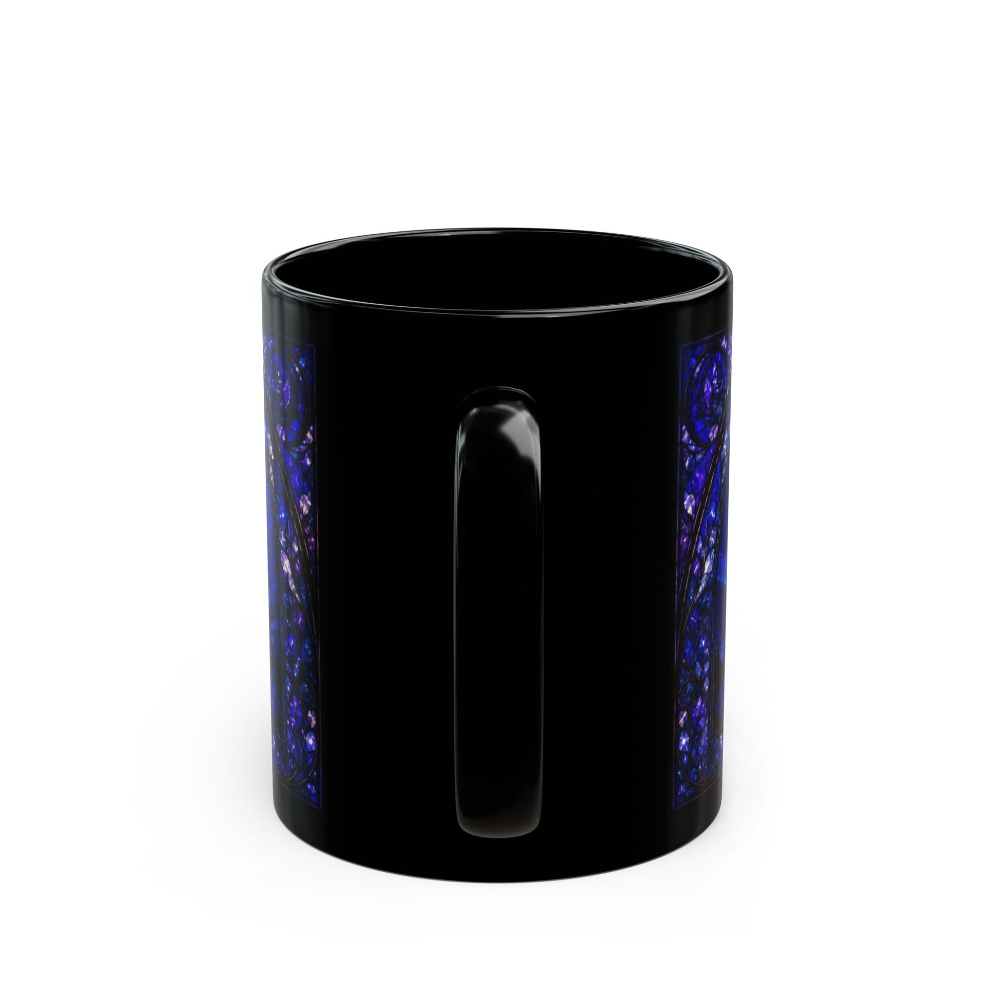 Black mug with decorative blue stained glass pattern on sides.