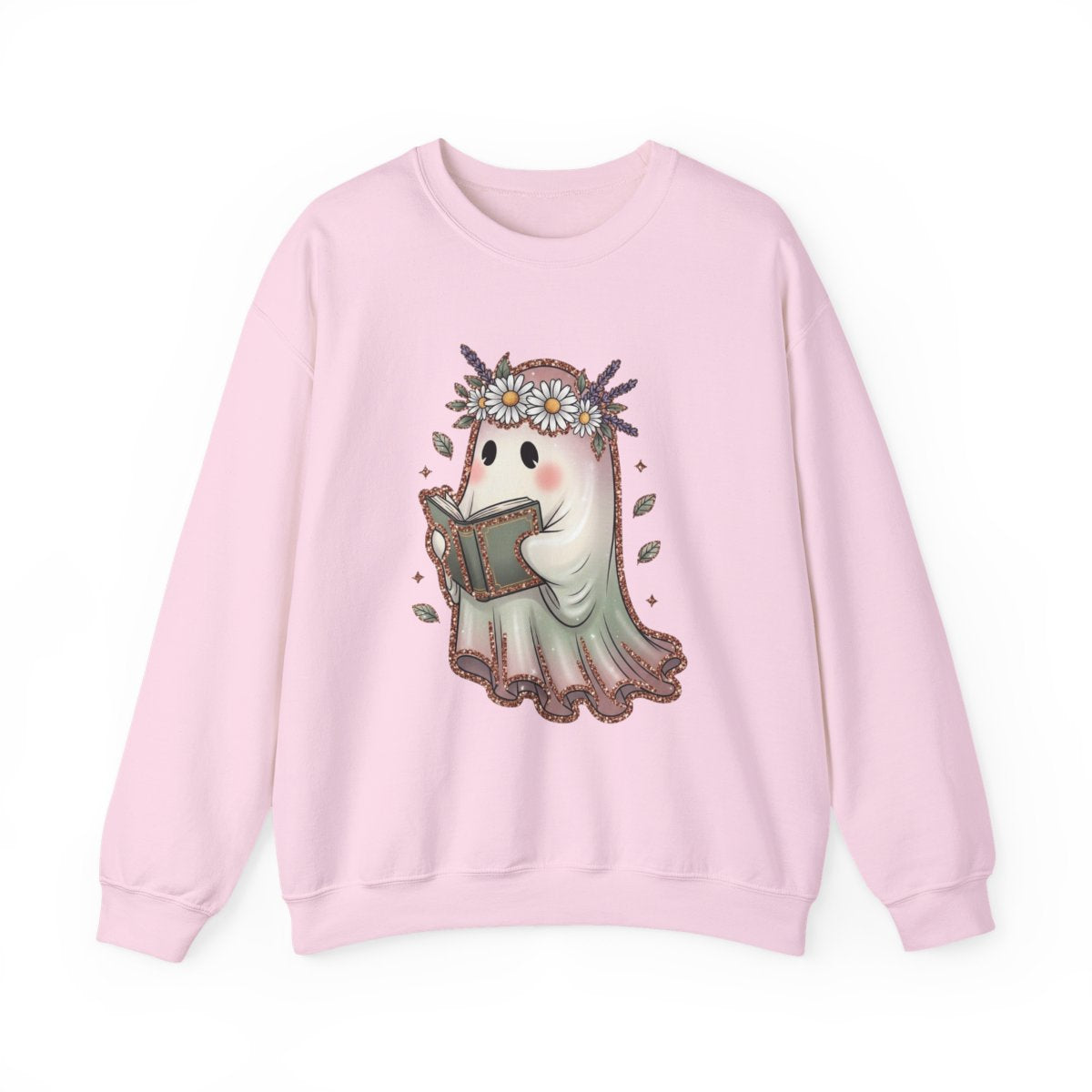 Cute Ghost Reading a Book with Flower Crown Graphic Sweatshirt - MagicMerchEmporium