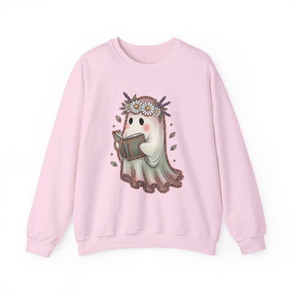 Cute Ghost Reading a Book with Flower Crown Graphic Sweatshirt - MagicMerchEmporium