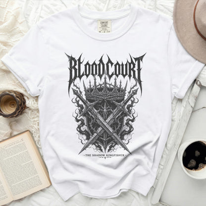 White t-shirt with "Blood Court" and crossed swords graphic.