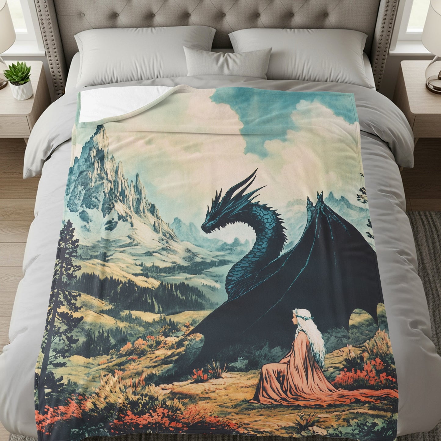 Fantasy Dragon Landscape Art on Cozy Plush Blanket