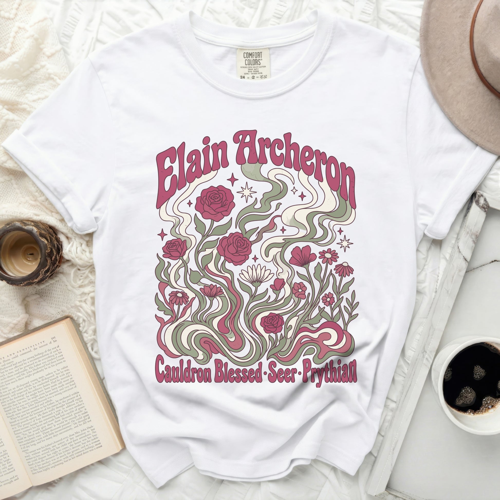 White t-shirt with Elain Archeron and floral graphic, "Cauldron Blessed-Seer-Prythial" text.