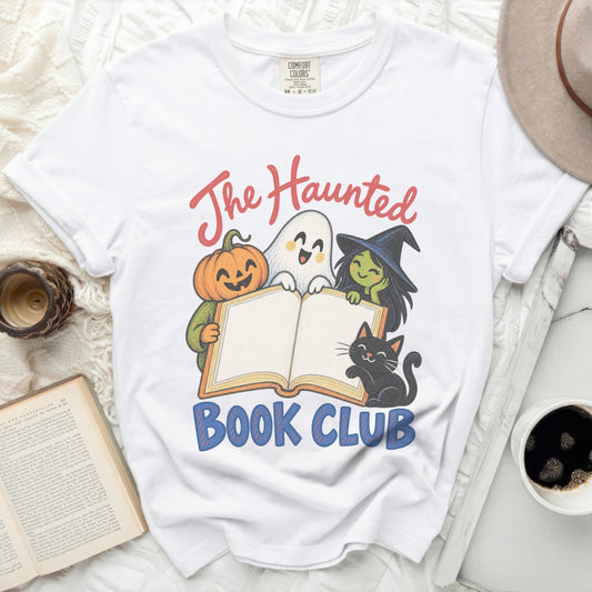 The Haunted Book Club graphic on a white t-shirt with Halloween characters.