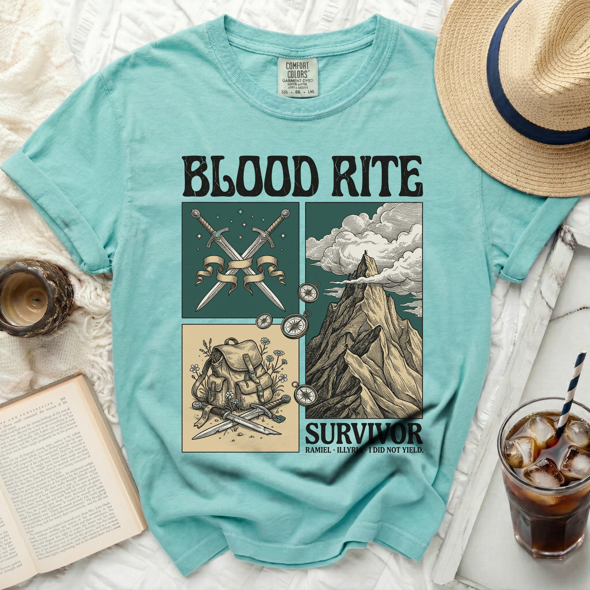Turquoise t-shirt with "BLOOD RITE" and "SURVIVOR" graphic.