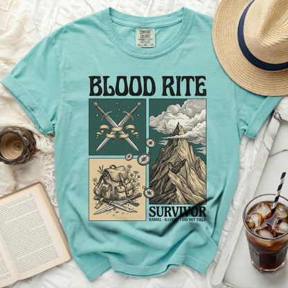 Turquoise t-shirt with "BLOOD RITE" and "SURVIVOR" graphic.