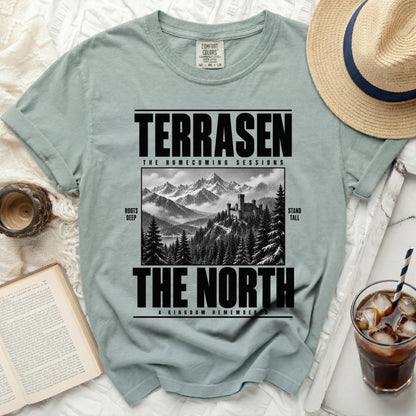Sage green t-shirt with "TERRASEN THE NORTH A KINGDOM REMEMBERED" text and castle graphic.