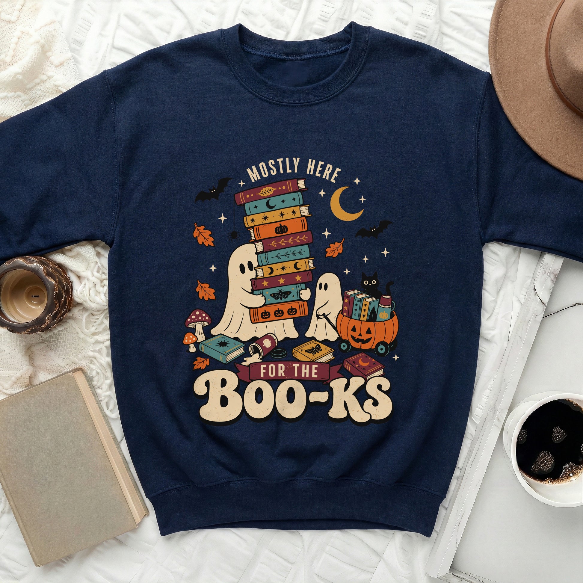 Navy sweatshirt with ghosts, books, bats, and "Mostly Here for the Boo-ks" text.