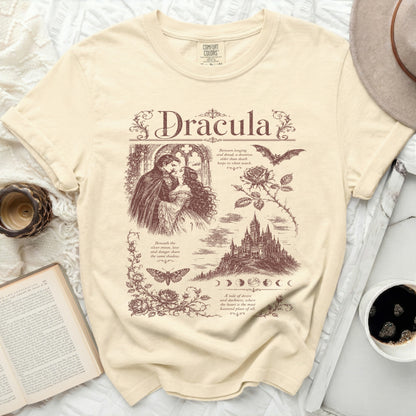 Cream t-shirt with "Dracula" title, gothic illustration, and quotes.