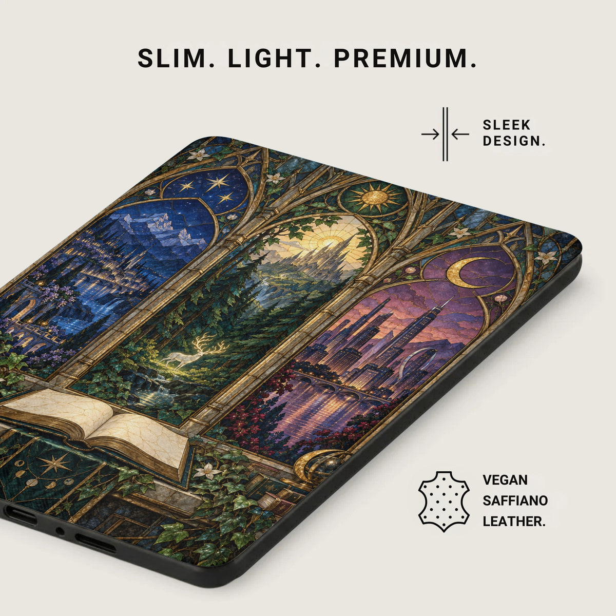 Case with stained glass art depicting a castle, forest, and city with an open book.
