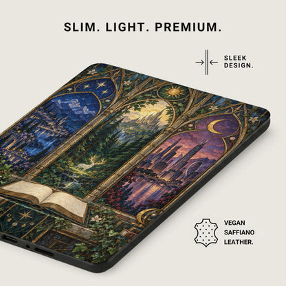 Case with stained glass art depicting a castle, forest, and city with an open book.