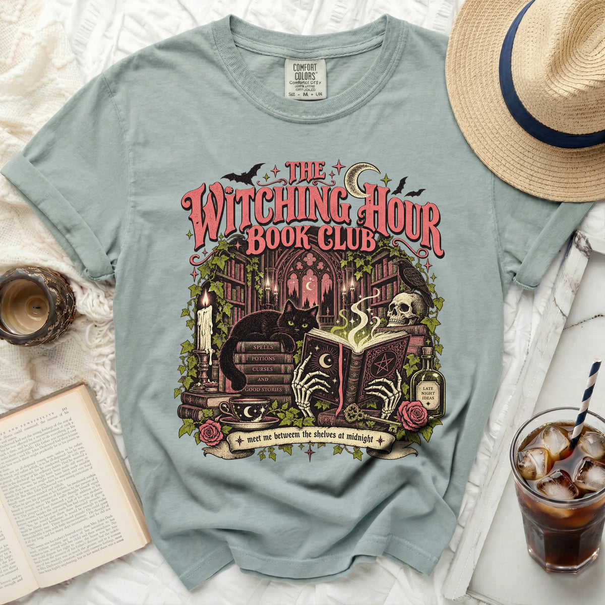The Witching Hour Book Club graphic t-shirt with gothic imagery.