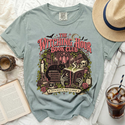 The Witching Hour Book Club graphic t-shirt with gothic imagery.